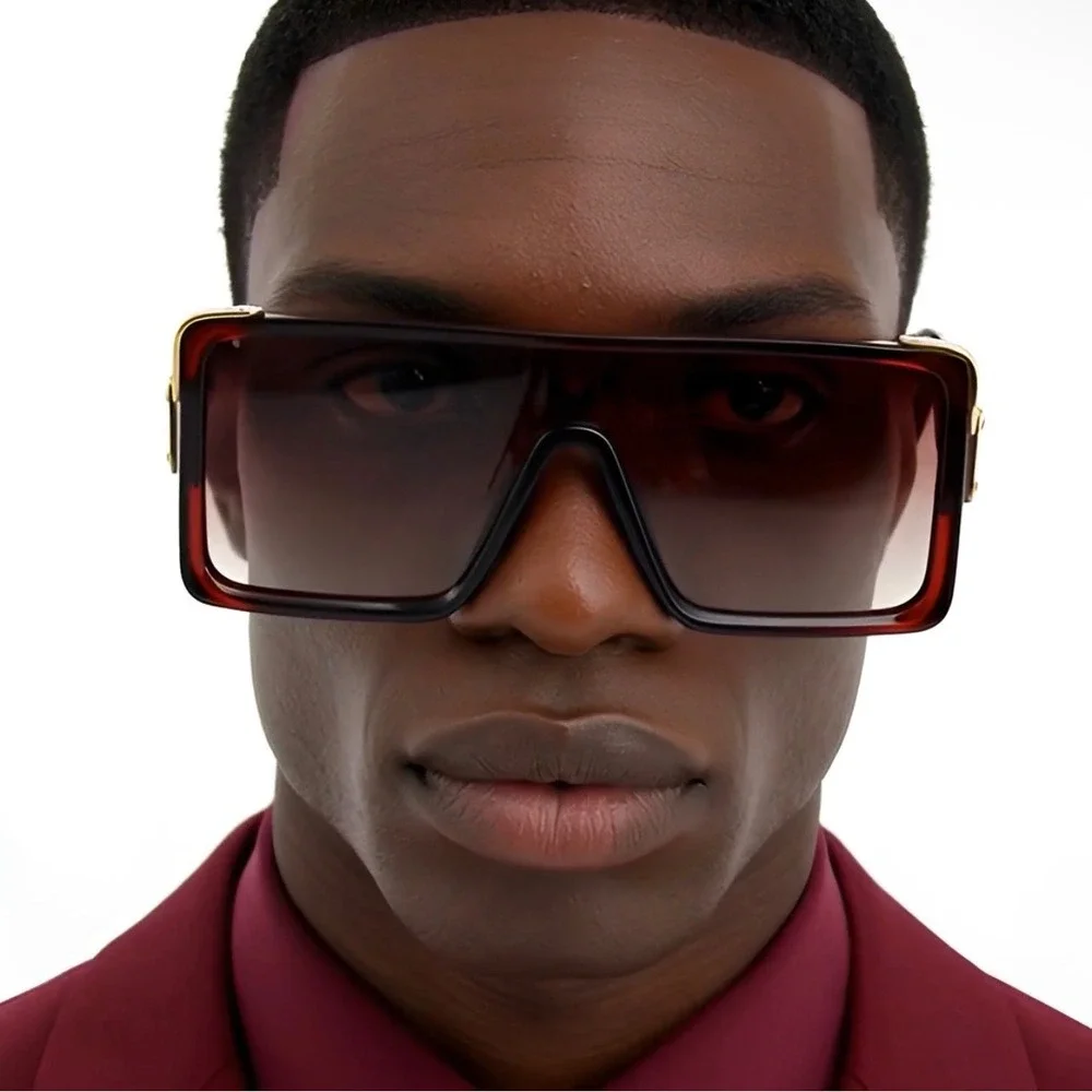Mens Rectangular Fashion Sunglasses Brown Gradient Gold Accents Retro Modern New